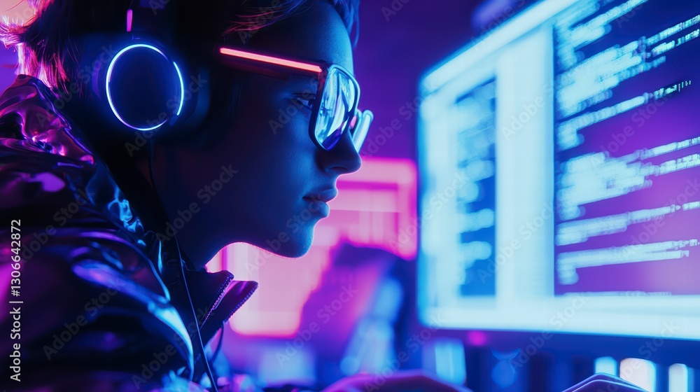 Poster tech savvy visionary: a focused individual with illuminated headset and eyeglasses navigates the dig