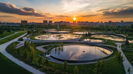 Obraz premium Aerial view of urban park featuring round pools at sunset
