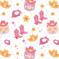 Cute seamless vector pattern background with cowboy cats, sheriff hats, boots, bandanas, and stars in pink and yellow tones. Fun and playful western-themed digital illustration for fabric, wrapping, a