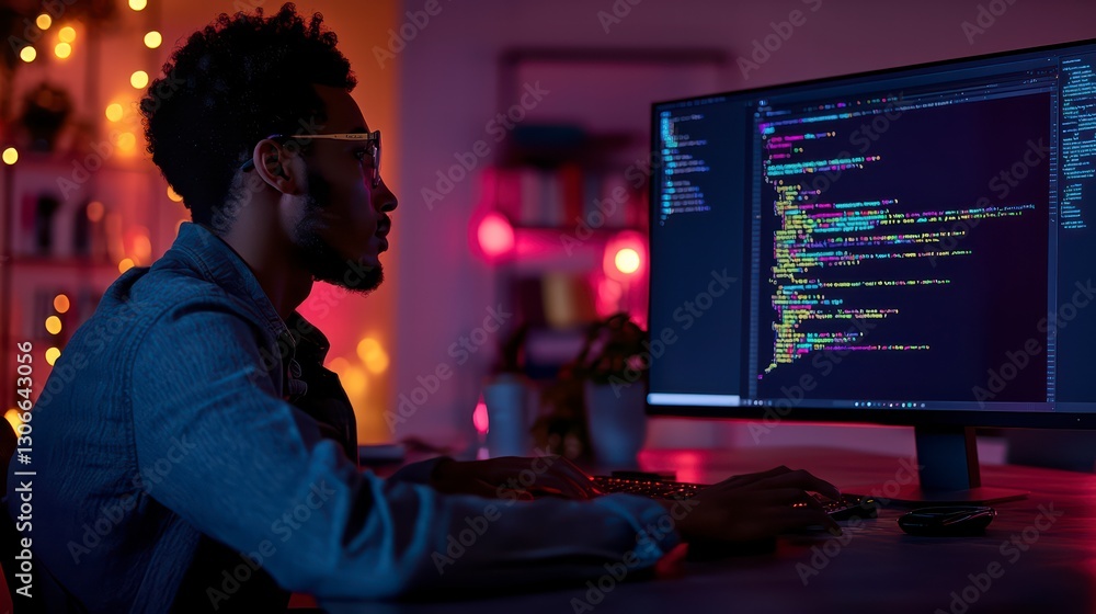 Poster a focused programmer engrossed in his code, lit by the soft glow of the screen, working diligently i