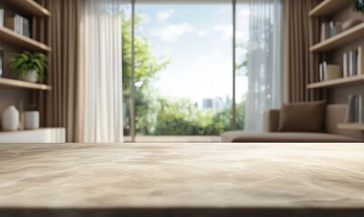 Marble Tabletop Display in Modern Living Room with Garden View