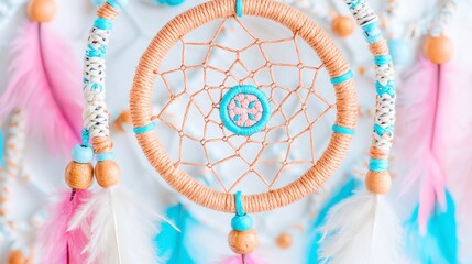 Dreamcatcher Mosaic, intricate tribal design featuring intertwined feathers and symbols, seamless pattern ideal for cultural motifs and artistic expressions.