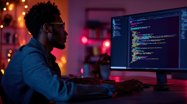 A focused programmer engrossed in his code, lit by the soft glow of the screen, working diligently in the late hours.