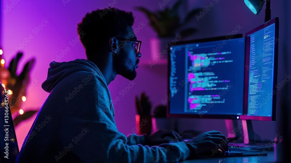 Aufkleber code weaver at dusk: a focused individual, immersed in the digital glow of a dual-monitor setup, dil