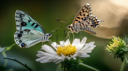 Obraz premium Two butterflies enjoying a moment on a daisy flower in a soft garden background 