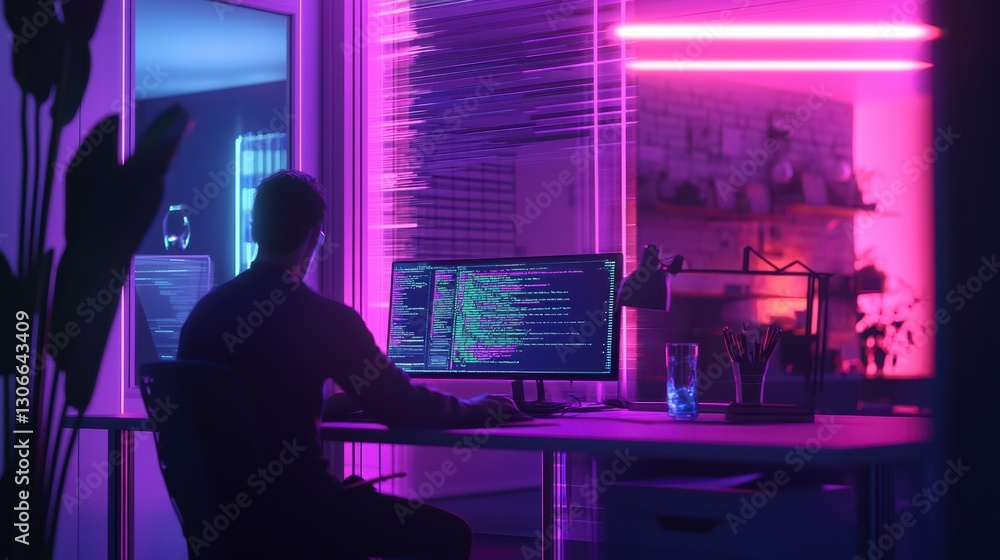 Poster neon-lit tech workspace: silhouette of a person working in a modern workspace with neon lights casti