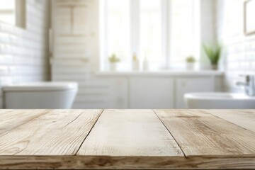 Wooden Tabletop with Blurred Bathroom Background for Product Display Mockup