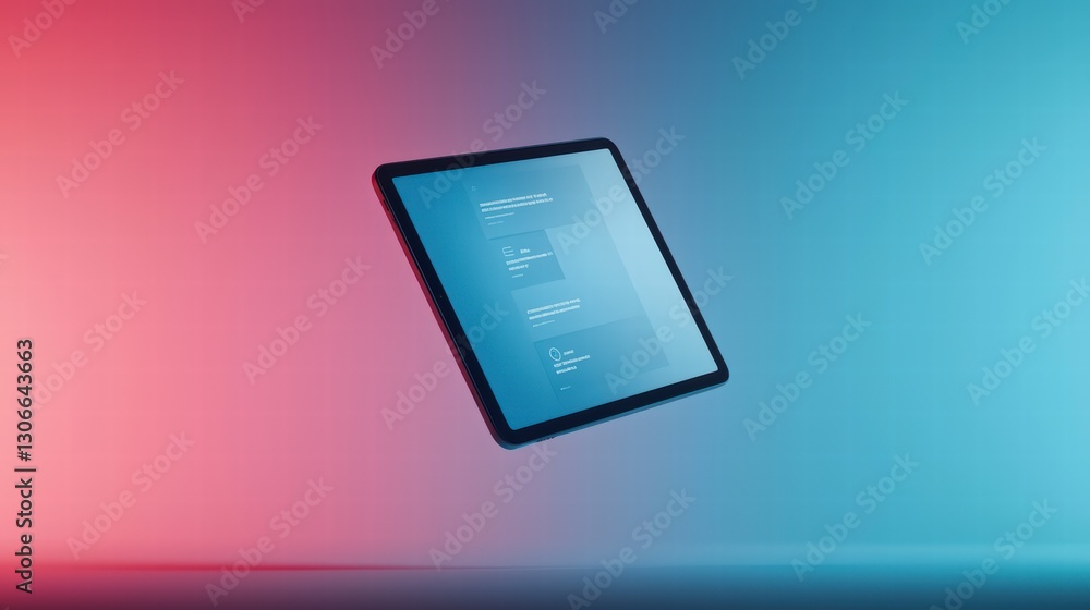 Poster digital interface: floating tablet displaying digital interface against a vibrant gradient backgroun
