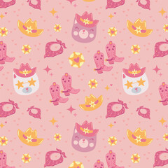 Cute cowboy-themed seamless pattern with pink and yellow elements. Vector illustration of cats in hats, boots, and western accessories. Perfect for children's designs, textiles, wrapping paper, and de