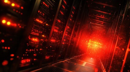 Obraz premium Intense Red Glow in a Server Room: Digital Data Center