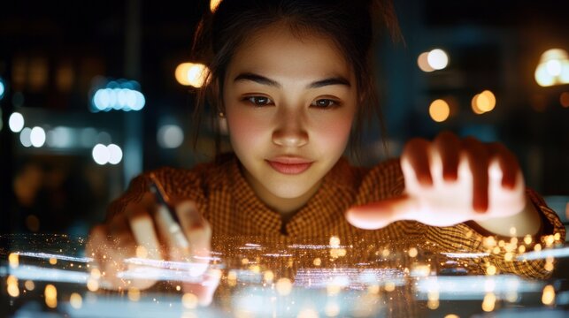 A Young Asian Woman Engaged in Interactive Technology, Using Holographic Interfaces at Night in an Urban Environment, Capturing Focused Innovation and Creativity