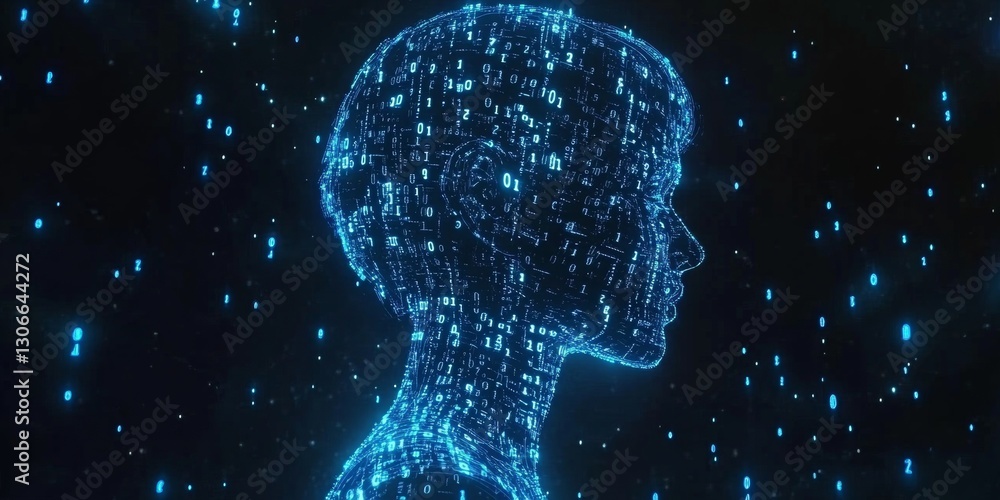 Poster glowing blue circuit head profile with binary numbers on dark background, vector illustration