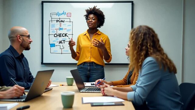 Business Team Meeting with Confident Female Leader Giving Presentation on Whiteboard, Professional Coaching and Training, Corporate Strategy Planning Discussion in Modern Office