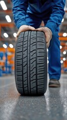 A Skilled Male Mechanic in a Blue Uniform Holding a Brand-New Tire in an Automotive Workshop, Showcasing His Expertise in Tire Management and Maintenance