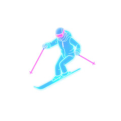 Obraz premium Skiing person on slope holographic 3D icon. neon symbol vector illustration isolated on white background. Generative AI