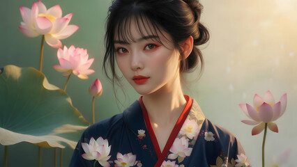 Fototapeta premium Serene Woman in Blue Kimono with Lotus Flowers Radiating Peaceful Beauty in Soft Sunrise Glow