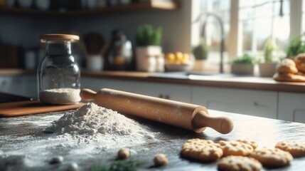 Home baking scene with rolling pin, flour, and cookies on kitchen counter, cozy and warm, ultra-detailed, 4k