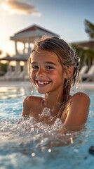 Cheerful Young Girl Enjoying a Refreshing Swim in a Beautiful Swimming Pool Under the Warm Sunset Sky