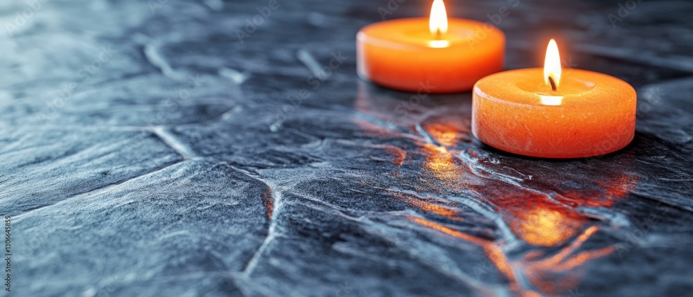 Poster two vibrant orange candles flickering on a textured slate surface, casting soft light and creating a