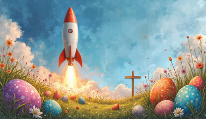 Symbolic Painting of a Rocket Taking Off Next to a Cross and Easter Eggs – A Futuristic and Spiritual Easter Concept