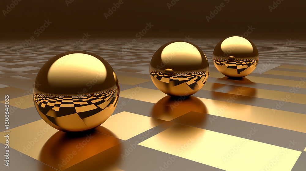 Aufkleber rolling golden spheres on a checkerboard pattern abstract art digital environment high-quality rende