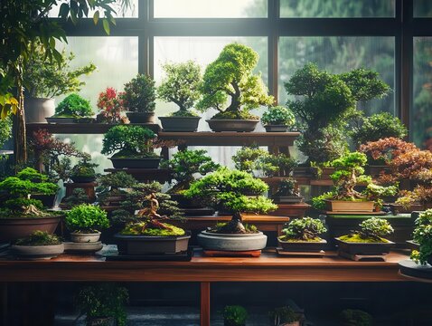 Serene Collection of Bonsai Trees in Contemporary Indoor Garden