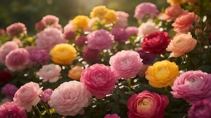 A close up view of a diverse array of colorful roses and flowers in full bloom showcasing a vibrant and lush garden scene