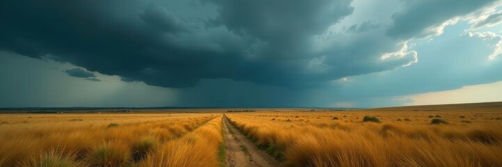 Fototapeta premium Dark, ominous clouds build over golden prairie grasses , rural, field, beauty