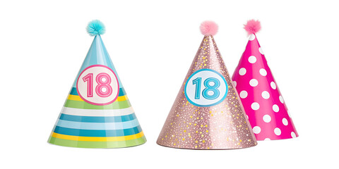 Three Different Style Birthday Caps on White, Festive Party Hats, Bright Birthday Caps, Cut Out