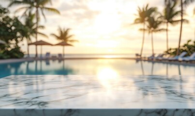 Marble Tabletop at Luxury Tropical Resort with Pool and Sunset