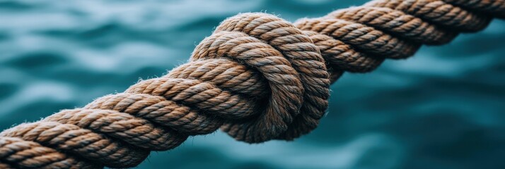 Fototapeta premium Close-Up of a Twisted Natural Fiber Rope Knot Framed Against a Calming Abstract Oceanic Background, Highlighting Textures and Colors of Maritime Elements