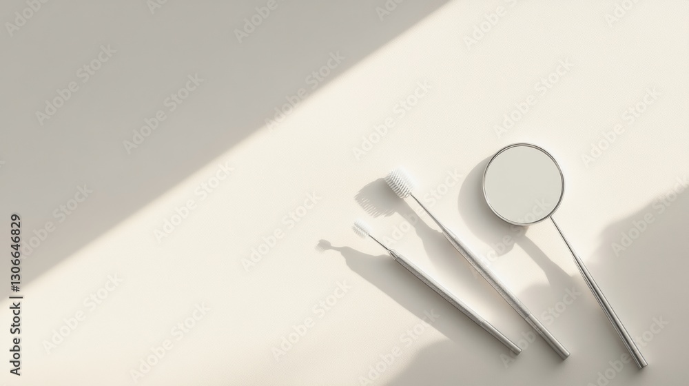 Poster Cleanly arranged dental tools including mirror scaler and probe on soft white background with natural lighting for professional look Generative AI
