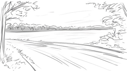 Scenic road trip view serene landscape nature illustration peaceful environment wide angle artistic perspective