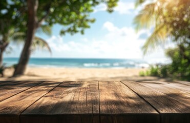 Wooden Table Surface Overlooking Tropical Beach with Palm Trees and Ocean View