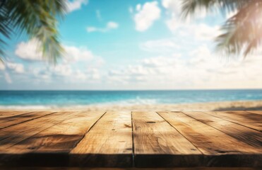 Wooden Tabletop Overlooking Tropical Beach with Palm Trees and Ocean View