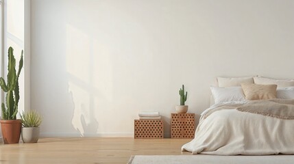 Obraz premium Generative AI, Warm Minimalist Bedroom with Natural Elements and Earthy Tones