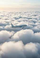 A modern aircraft ascending through a dreamy sky filled with soft, cotton-like clouds.