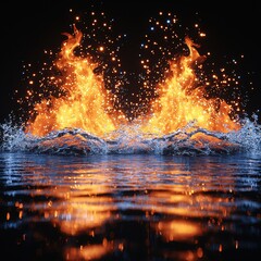 Fototapeta premium Vibrant flames erupt dramatically from the surface of the water, casting a warm glow and illuminating the surrounding area with flickering light and reflections.