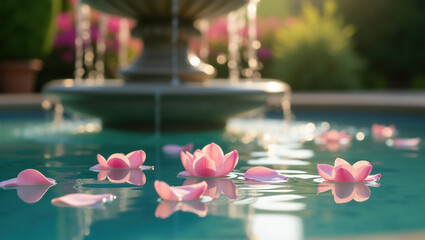 March 8 concept: Dreamy Fountain with Floating Flower Petals in Soft Light