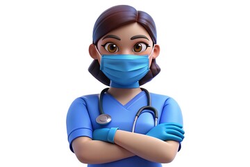 Cartoon Female Doctor in Protective Gear, Ready to Care