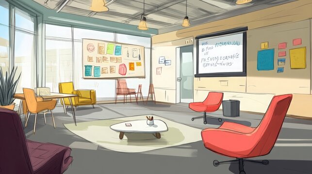 Dynamic interior illustration of a collaborative office space with modern furniture