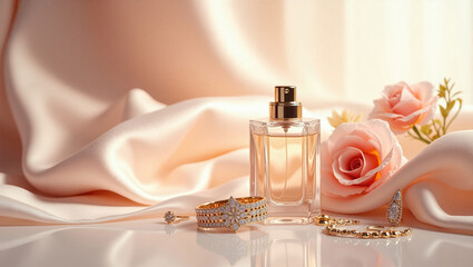 March 8 concept: Elegant Still Life with Silk Scarf, Perfume, and Jewelry