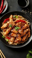 Fototapeta premium Juicy pieces of chicken are stir-fried to perfection, coated in a glossy sauce and served atop noodles, garnished with vibrant bell peppers, sesame seeds, and fresh herbs