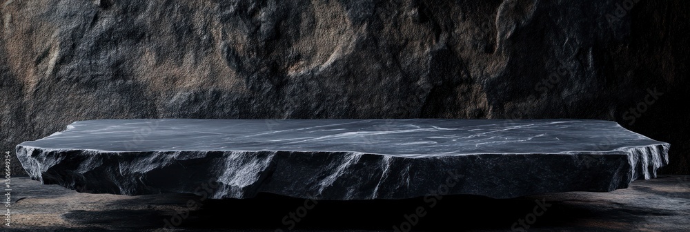 Poster displaying stone platform with dark rock texture background for product showcase