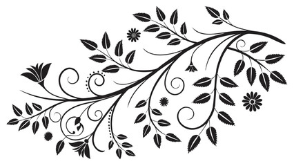 Elegant Floral Swirl Ornament – Black Botanical Vine with Leaves, Flowers, and Decorative Flourishes for Vintage and Nature-Inspired Designs
