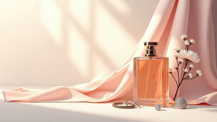 March 8 concept: Elegant Still Life with Silk Scarf, Perfume, and Jewelry