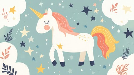 Dreamy unicorn illustration with whimsical stars and floral accents design