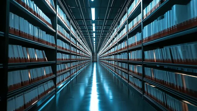 Shelves filled with archive folders, their labels perfectly aligned, surrounded by soft lighting that enhances the symmetry and orderliness of the arrangement.