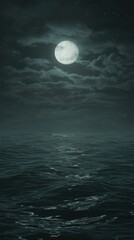 Serene Night Ocean Scene with Full Moon and Soft Cloud Cover