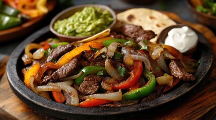 A delicious sizzling plate of fajitas and its accompaniments